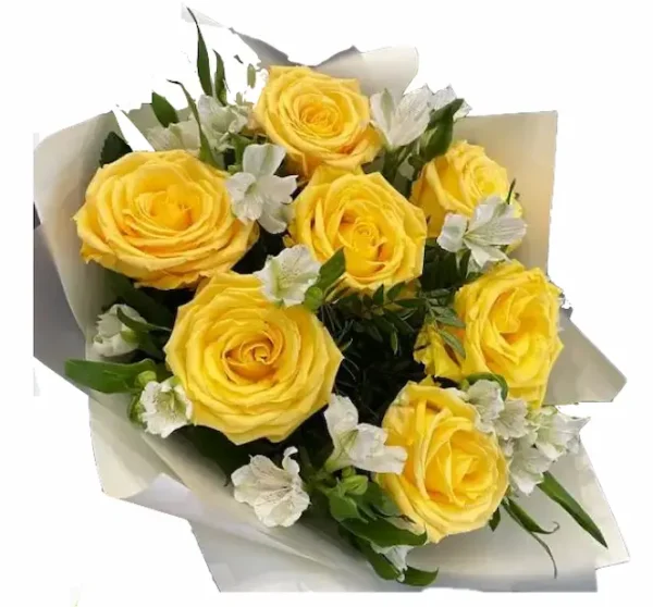 Ramo de 7 rosas amarillas y alstroemerias